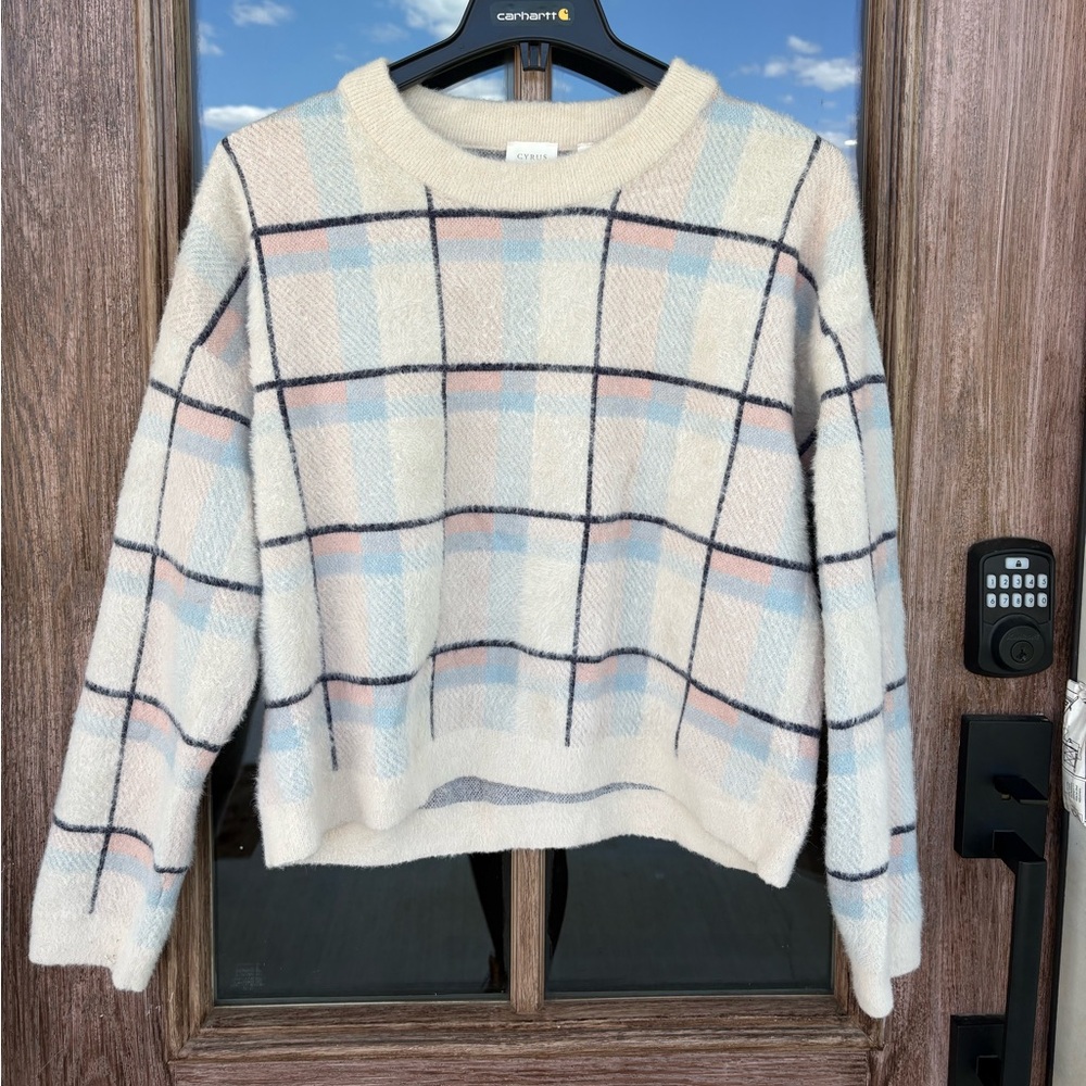 Cyrus Plaid Crewneck Sweater in Cream, Blue & Pink